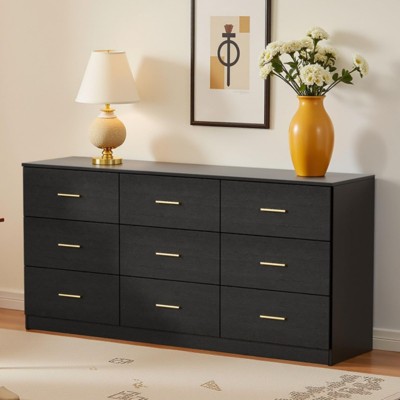 63" Dresser for Bedroom, Modern 9 Drawers Dresser with Deep Drawer, Wide Storage Chest of Drawer with Gold Handle Black