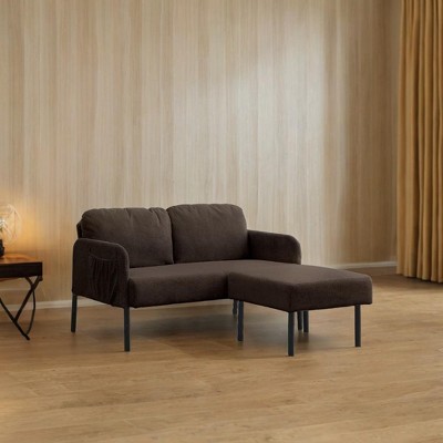 L-Shaped 2 Seater Sofa with Ottoman, Modern Polyester Fabric Loveseat Sofa, Comfy Small Couches for Small Space Living Room