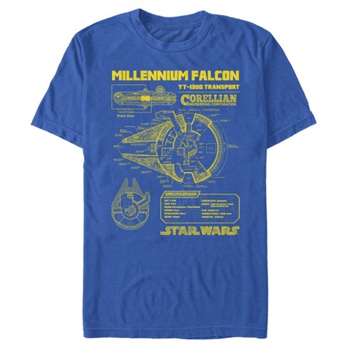 Millennium Falcon Blueprint T-Shirt - FiveFingerTees Guys / Small / Royal Blue