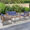 Tangkula 4PCS Acacia Wood Patio Conversation Set Outdoor Furniture Set w/ Navy Cushions - 2 of 4