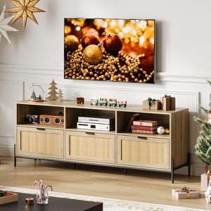 75'' TV Stand, Mid-Century PE Rattan Media Console with 3 Drawers & Shelves - Metal Legs for Living Room/Bedroom - 1 of 4