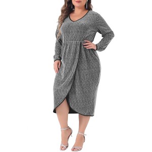 Agnes Orinda Women's Plus Size Sequin Sparkly Glitter Long Sleeve V Neck High Slit Party Cocktail Midi A Line Dresses - 1 of 4