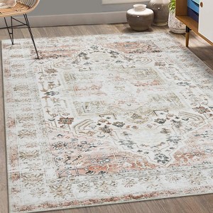TROPOW Vintage Rug 9x12 Thin Washable Rug with Non Slip TPR Backing, Low Pile Thin Foldable Printed Carpet - 1 of 4