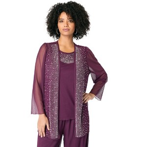 Roaman's Women's Plus Size Mesh Overlay Cardigan And Tank Set. - 1 of 4