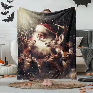 Lomsoe Vintage Santa Claus & Reindeer Print Flannel Blanket - All Seasons Soft and Warm Throw Blanket for Bed, Napping, Camping, Travel, Office - 1 of 4