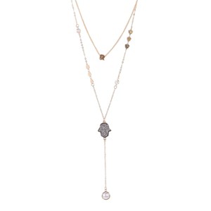 Slickblue Women's Necklace, Double Gold Belcher Chain with Hamsa, "R" Letter, and Pearls, Spiritual Style, 15-19.5" - 1 of 3