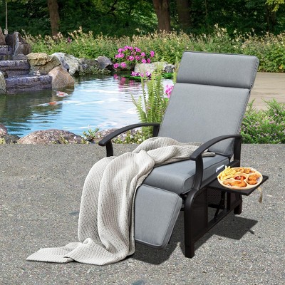 DOMETOUR Adjustable Patio Recliner Chair with Flip Table, Removable Cushions, 350lbs Support, Gray