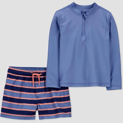 Carter's Just One You®️ Toddler Boys' Long Sleeve Striped Rash Guard Set - Blue