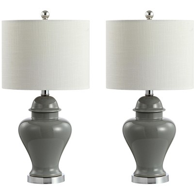 Gray Ceramic and Chrome Ginger Jar Table Lamp Set