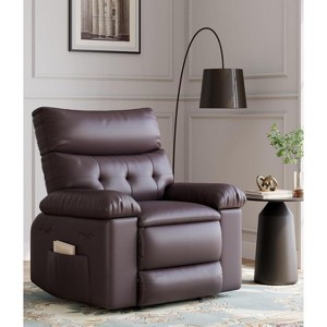 27" Rocker Recliner Chair, 1.5X Sponge Filling, 360 Degree Swivel, PU Leather, Side Pockets and Cup Holders, Reclining 135 Degrees, Coffee - 1 of 4