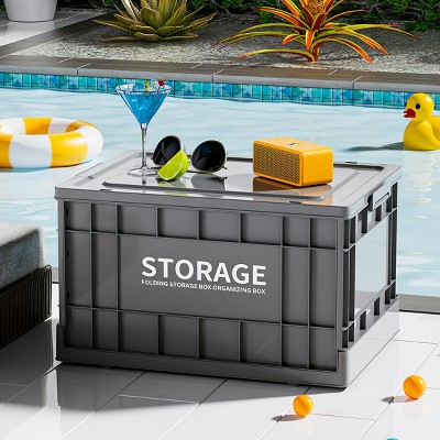 Syemin Deck Boxes 44L Storage Bins with Lids, Totes for Storage Stackable Collapsible Storage Bin Waterproof Storage Box, Gray, 18.5"*13.19"*11"