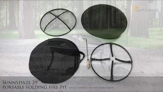 Sunnydaze Outdoor Portable Camping or Backyard Folding Round Fire Pit Bowl with Spark Screen, Log Poker, Folding Stand, and Carrying Case Cover - 29", 2 of 12, play video