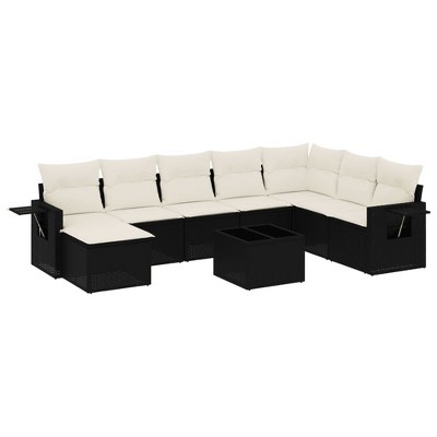 vidaXL 9 Piece Patio Sofa Set with Cushions Black Poly Rattan - Black and Cream Without Table