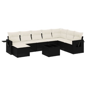 vidaXL 9 Piece Patio Sofa Set with Cushions Black Poly Rattan - Black and Cream Without Table - 1 of 4