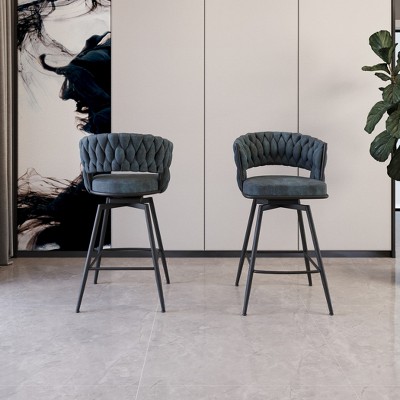 26" Leather Woven Bar Stool Set of 2, Black Legs Barstools, No Adjustable Kitchen Island Chairs, 360¡ã Upholstered Counter Stool, Arm Chairs - Blue