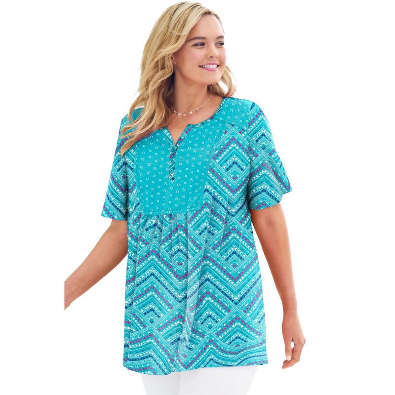 Woman Within Women's Plus Size Mixed Print Henley Tunic, 1 of 3
