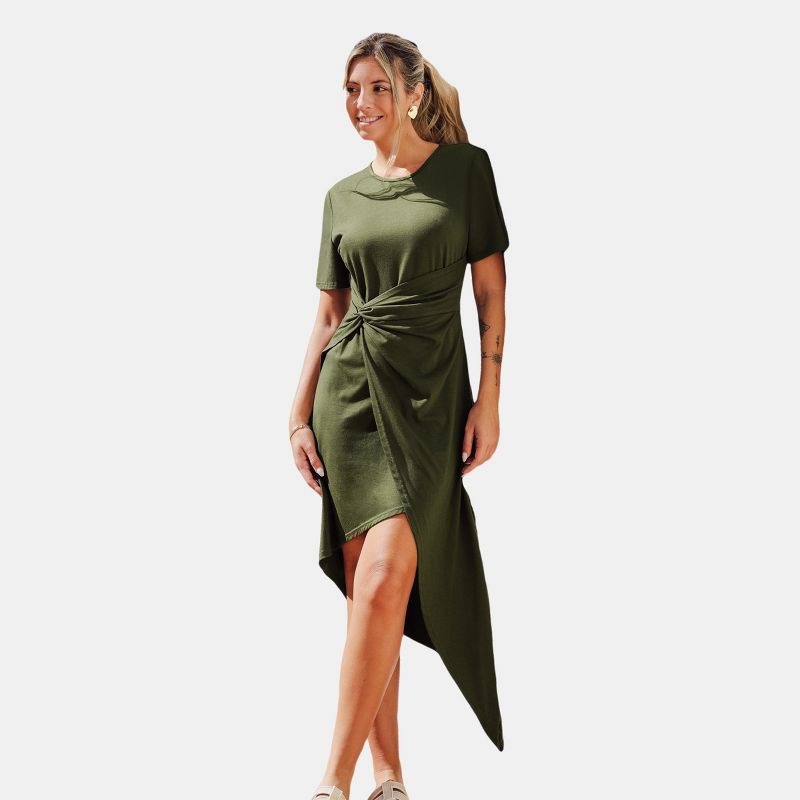 Women's Olive Round Neck Short Sleeve Asymmetrical Twist Jersey Dress - Cupshe, 1 of 6