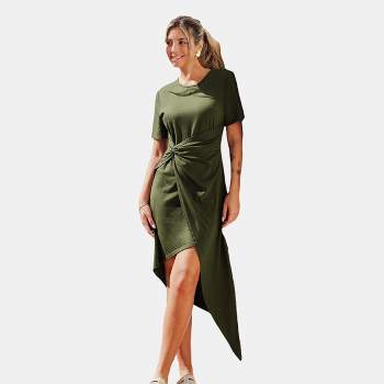 Women's Olive Round Neck Short Sleeve Asymmetrical Twist Jersey Dress - Cupshe