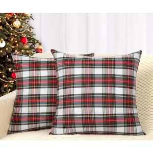 Set of 2 Christmas Scottish Tartan Plaid Throw Pillow Covers Cushion Case for Farmhouse Home Decor Red and White, 18 x 18 Inches - 1 of 4