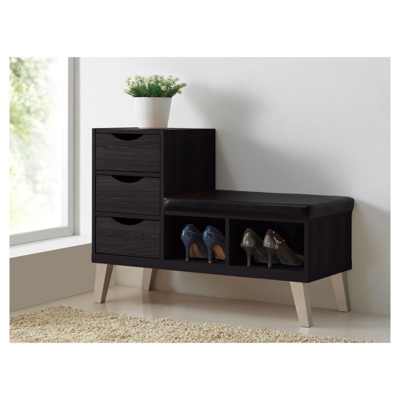 Arielle Modern and Contemporary Wood 3 - Drawer Shoe entryway benches with Two Open Shelves - Dark Brown - Baxton Studio, 5 of 6