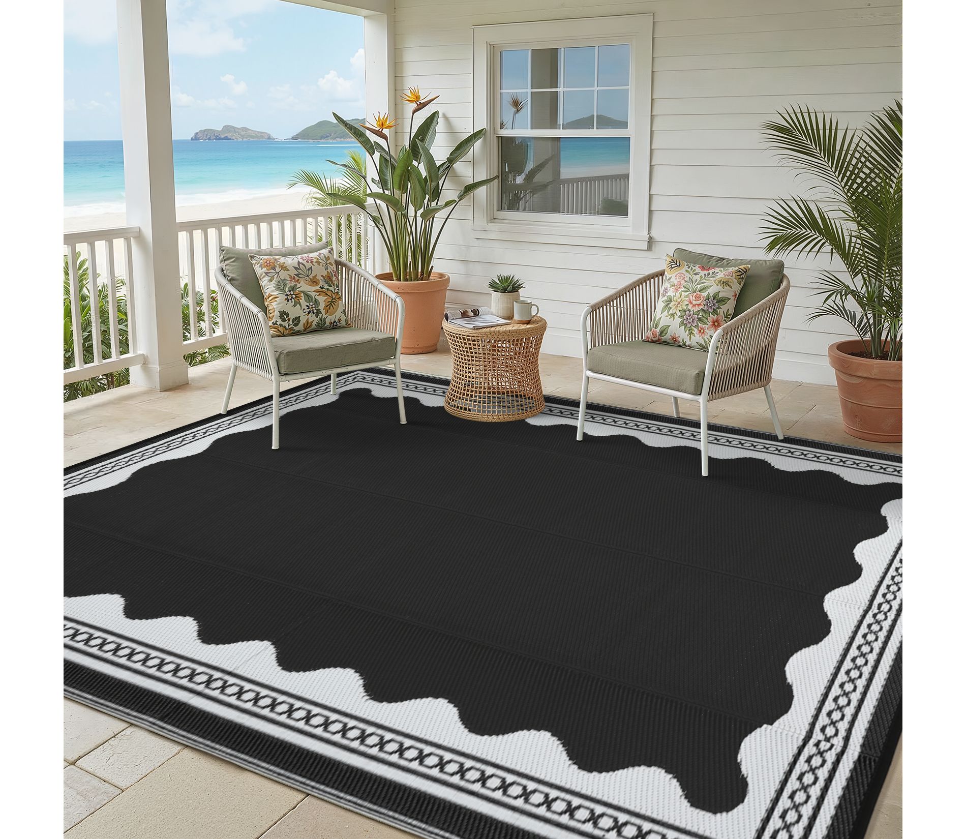 Garvee Outdoor Patio Rug, Scalloped Pattern Bordered Reversible Plastic Straw Rug, Waterproof Foldable Outdoor Rug for Balcony Porch RV Camping