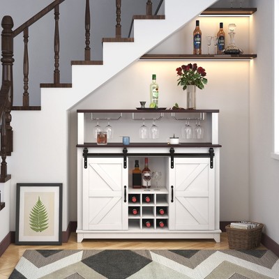 47"W Farmhouse Sideboard Coffee Bar Wine Cabinet Storage Cabinet Buffet Cabinet with Sliding Barn Door and Wine Bottle Rack, White-ModernLuxe