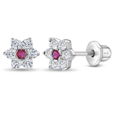 14K Yellow Gold White/Pink CZ Flower Shaped Screw Back Earrings For Girls