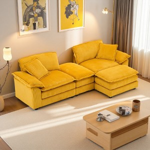 84.6" Convertible Corduroy 2-Seater Sectional Sofa with 2 Ottomans & Pillows - 1 of 4