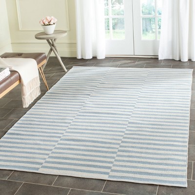Ivory and Light Blue Handmade Cotton Stripe Rug 5' x 7'