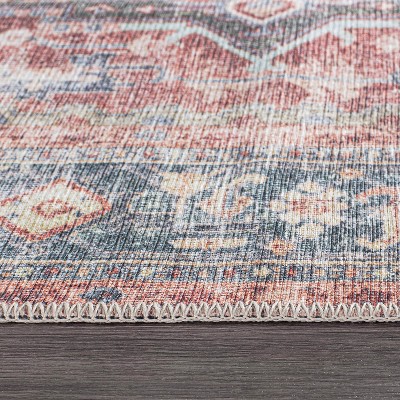 Vintage Red and Blue Synthetic Flat Woven 5' x 7' Area Rug