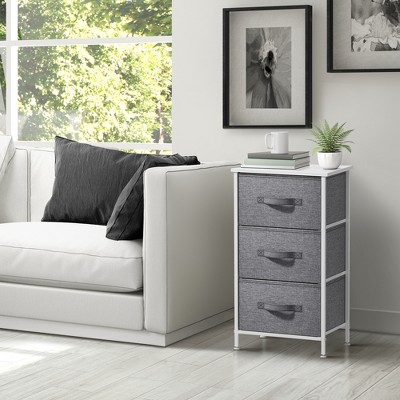 White and Gray Steel Frame Nightstand with 3 Fabric Drawers