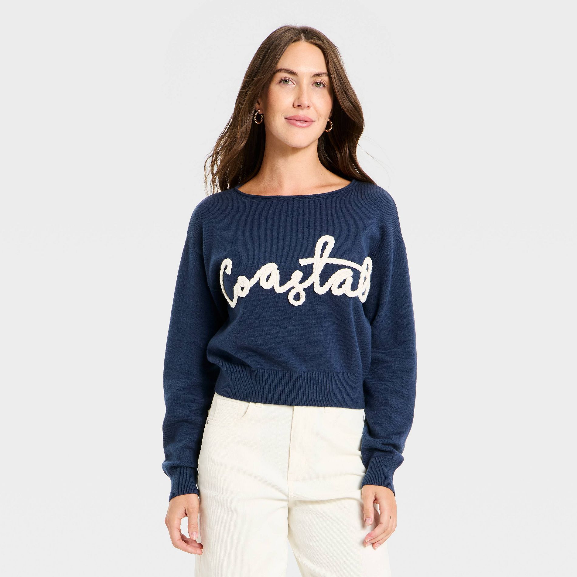 Women's Cozy Wide Crewneck Love Pullover Sweater - Universal Thread™ Navy Blue XS