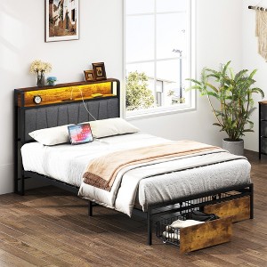 CSBDHome Twin Size Metal Platform Bed Frame with Storage Drawers, RGB LED Headboard, Charging Ports & Shelf - Industrial Wood and Upholstered Design - 1 of 4