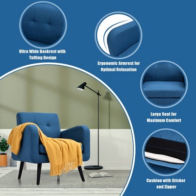 Blue Linen Tufted Back Armchair with Rubber Wood Legs