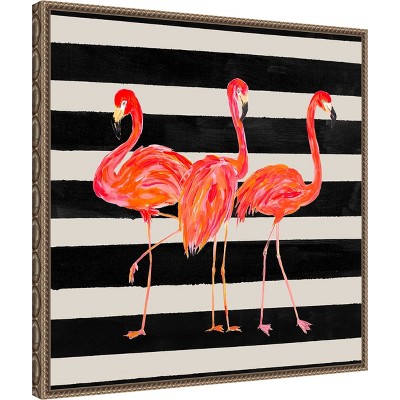 Vibrant Flamingo Trio on Black and White Striped Canvas Framed Wall Art 22 x 22