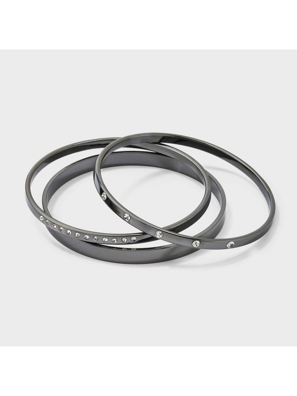 Crystal Stone Bangle Set — Hematite / clear · Set of 3