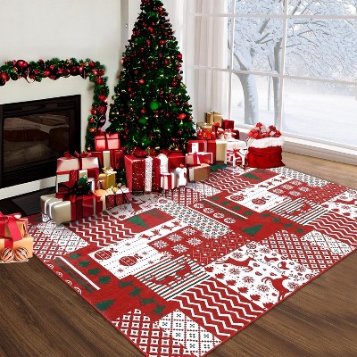 Washable Christmas Doormat, Non-Slip Red Snowflake Rug for Entrance, Kitchen and Indoor Use