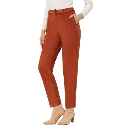 Allegra K Women's Casual Faux Suede High Waist Belted Straight Legs Pants
