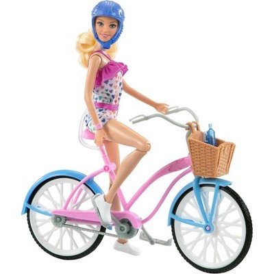 Barbie Doll & Bike Set with Accessories, Blonde in Rainbow Romper with Pink & Blue Bicycle, Helmet, Basket & Water Bottle