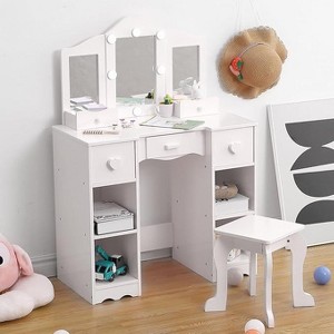 2-in-1 Princess Vanity & Study Desk with Tri-Fold Mirror & Stool - Convertible Wooden Makeup Dressing Table for Toddler Girls Ages 3-8 - 1 of 4