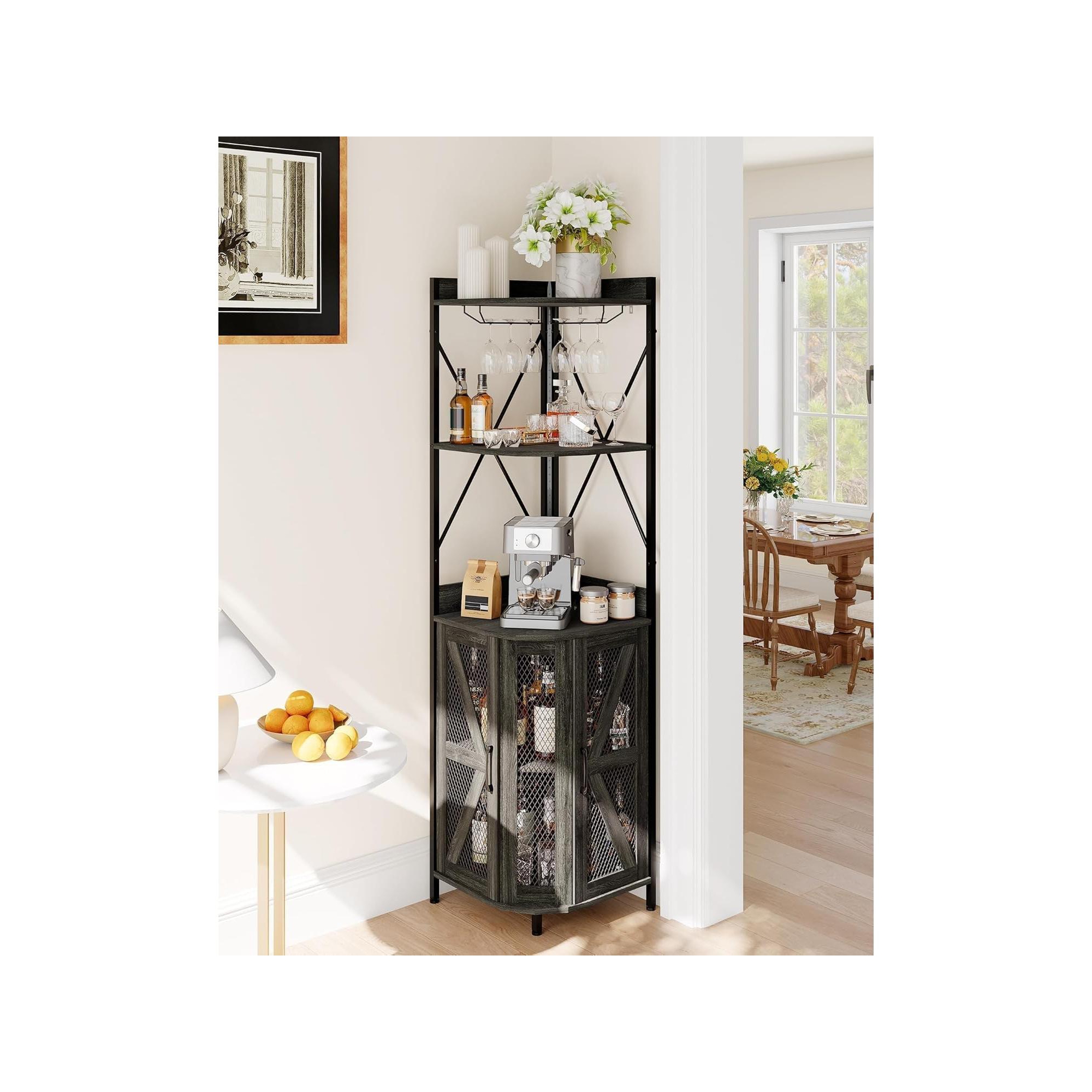 Garvee 5-Tier Corner Bar Cabinet, 71.5" Tall Liquor Cabinet with LED Lights for Home, Black