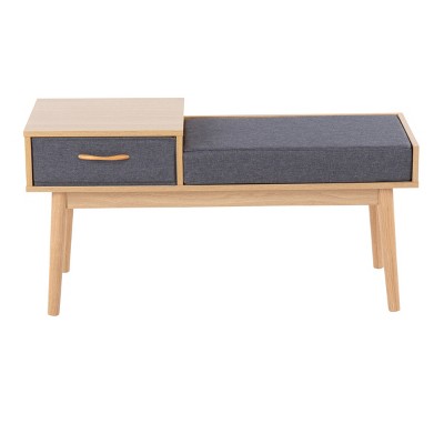 GlasFlength Ottomans and Benches Telephone Contemporary Bench in Natural Wood and Gray Fabric with Pull Out Drawer for Living Room, Gray, 45"*18"*9"