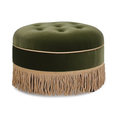 Olive Green Velvet Tufted Round Ottoman with Fringe