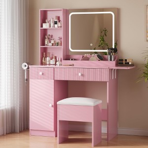 Vanity Desk with Mirror and Lights, Power Outlets Makeup Table with Drawers & Cabinet, Storage Stool, Dressing Table for Bedroom - 1 of 4