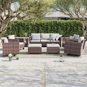 Sonkuki 8-Piece Patio Conversation Set, Outdoor Furniture Set with 4 Rattan Swivel Rocking Chairs, Side Table, Ottoman and Navy Blue Cushion - 1 of 4