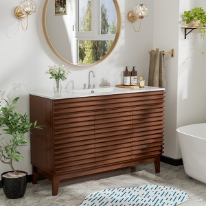 ROOMTEC 24 in. Bathroom Vanity with Ceramic Sink, Mid-Century Cabinet with 2 Soft-Close Doors, Freestanding, Wood Grain Laminate, Walnut - 1 of 4