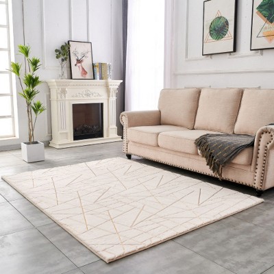 LunaLulinlk Luxury Machine Washable Beige Geometric Abstract Gold-Gilded Chinchilla Faux Fur Area Rug