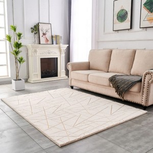 LunaLulinlk Luxury Machine Washable Beige Geometric Abstract Gold-Gilded Chinchilla Faux Fur Area Rug - 1 of 4