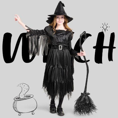 Joyfy Classic Kids Witch Costume, Toddler Gothic Sorceress Black Witch Dress with Broom and Hat for Girls Halloween Themed Parties