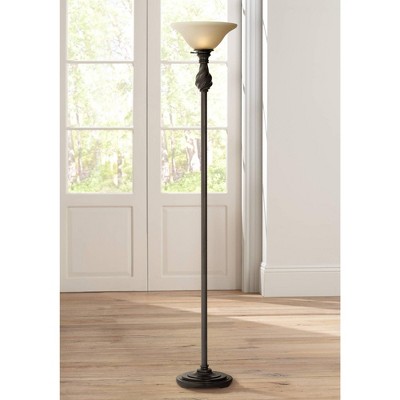 Elegant Bronze Torchiere Floor Lamp with Amber Glass Shade